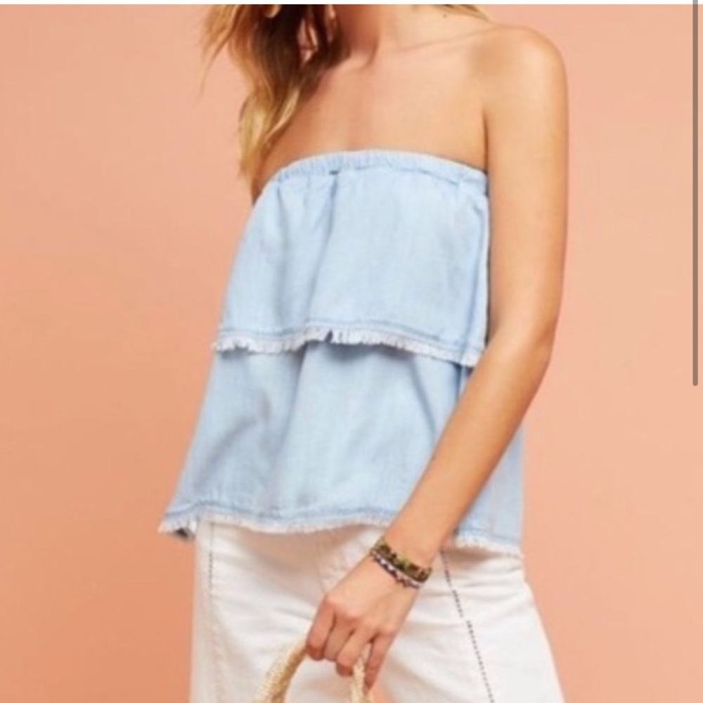 Cloth and stone chambray Anthropologie strapless raw edge top